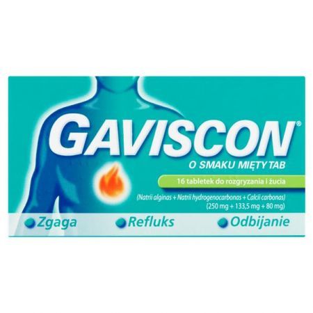 Gaviscon o smkau mięty Tab 250 mg + 133,5 mg + 80 mg, 16 tabletek do rozgryzania i żucia