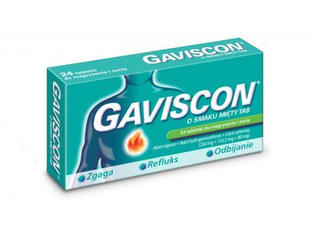 Gaviscon o smkau mięty Tab 250 mg + 133,5 mg + 80 mg, 24 tabletki do rozgryzania i żucia