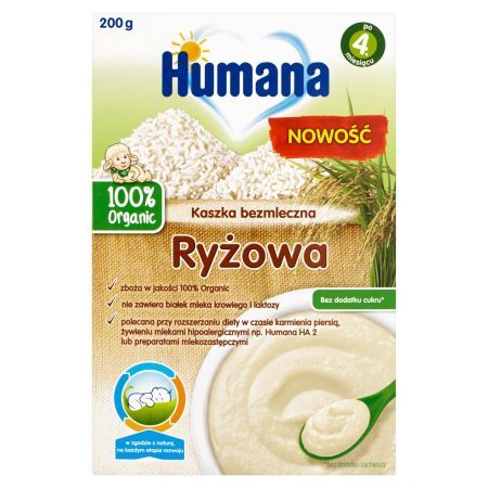 Humana 100% Organic Kaszka ryżowa, bezmleczna, bez dodatku cukru, po 4 miesiącu, 200g KRÓTKA DATA do 2022-03-18