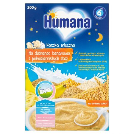 Humana Na Dobranoc Kaszka bananowa z pełnoziarnistych zbóż, mleczna, bez dodatku cukru, po 6 miesiącu, 200 g